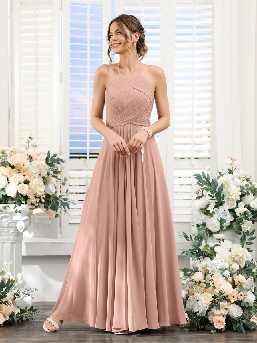 A-Line/Princess Halter Sleeveless Floor-Length Chiffon Bridesmaid Dresses with Ruched - Image 77