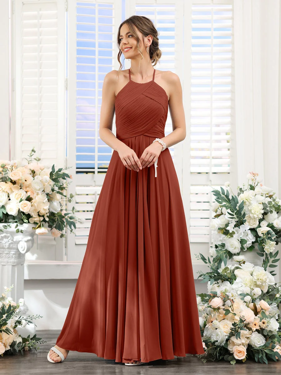 A-Line/Princess Halter Sleeveless Floor-Length Chiffon Bridesmaid Dresses with Ruched - Image 78
