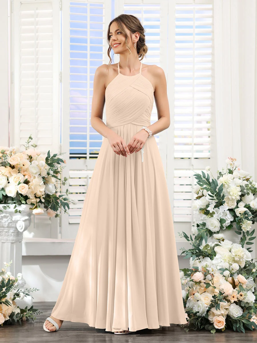 A-Line/Princess Halter Sleeveless Floor-Length Chiffon Bridesmaid Dresses with Ruched - Image 79