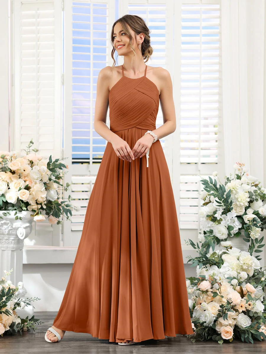 A-Line/Princess Halter Sleeveless Floor-Length Chiffon Bridesmaid Dresses with Ruched - Image 9
