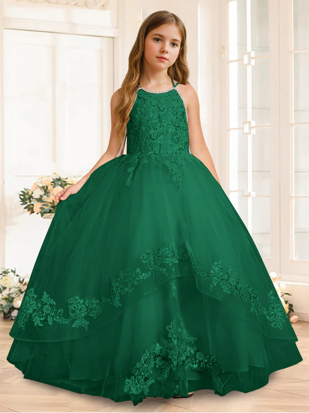 A-Line/Princess Halter Sleeveless Floor-Length Flower Girl Dress with Rhinestone - Image 10