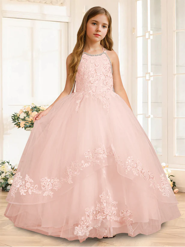 A-Line/Princess Halter Sleeveless Floor-Length Flower Girl Dress with Rhinestone - Image 15