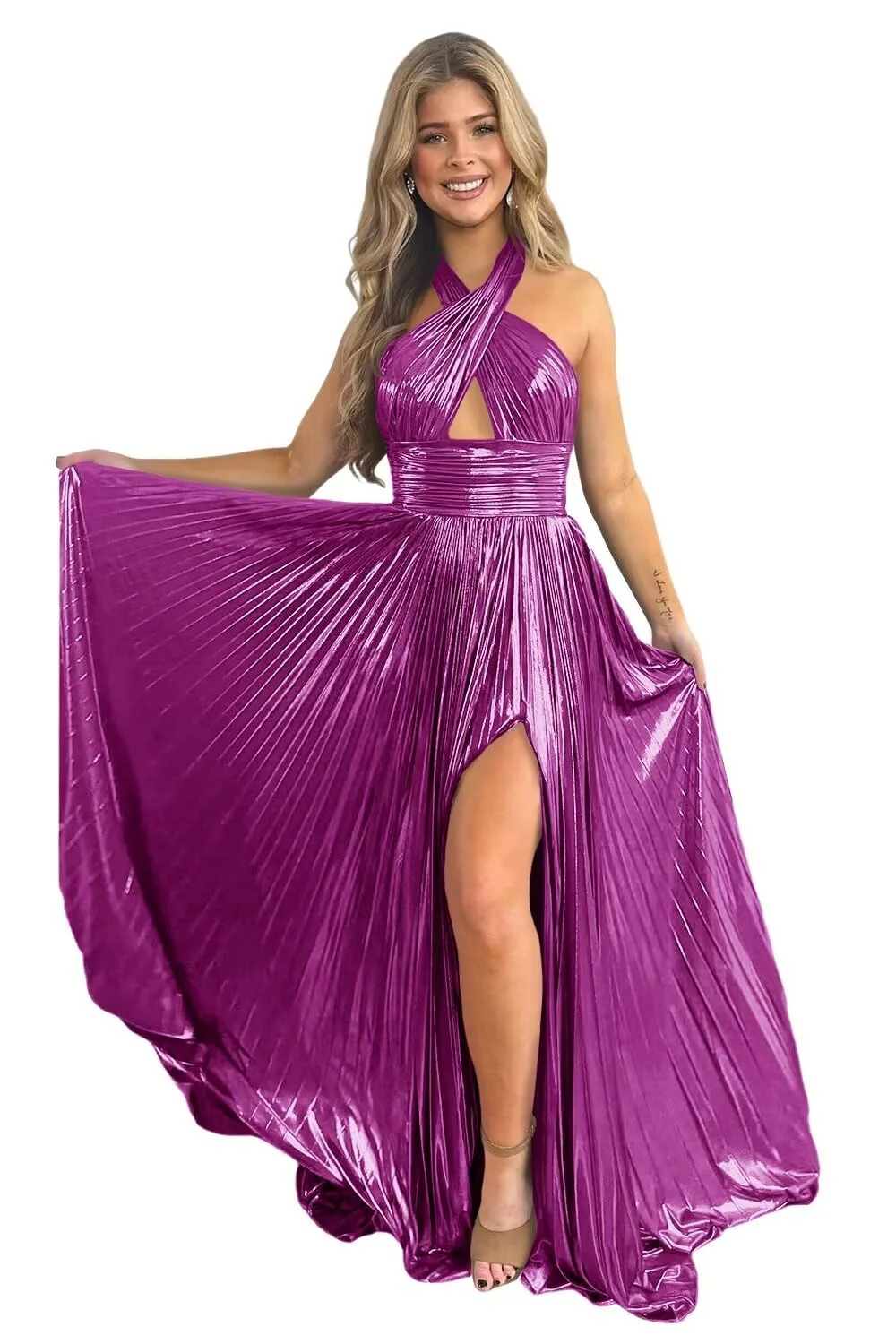 A-Line/Princess Halter Sleeveless Floor-length Long Formal Evening Dresses with Split Side - Image 11
