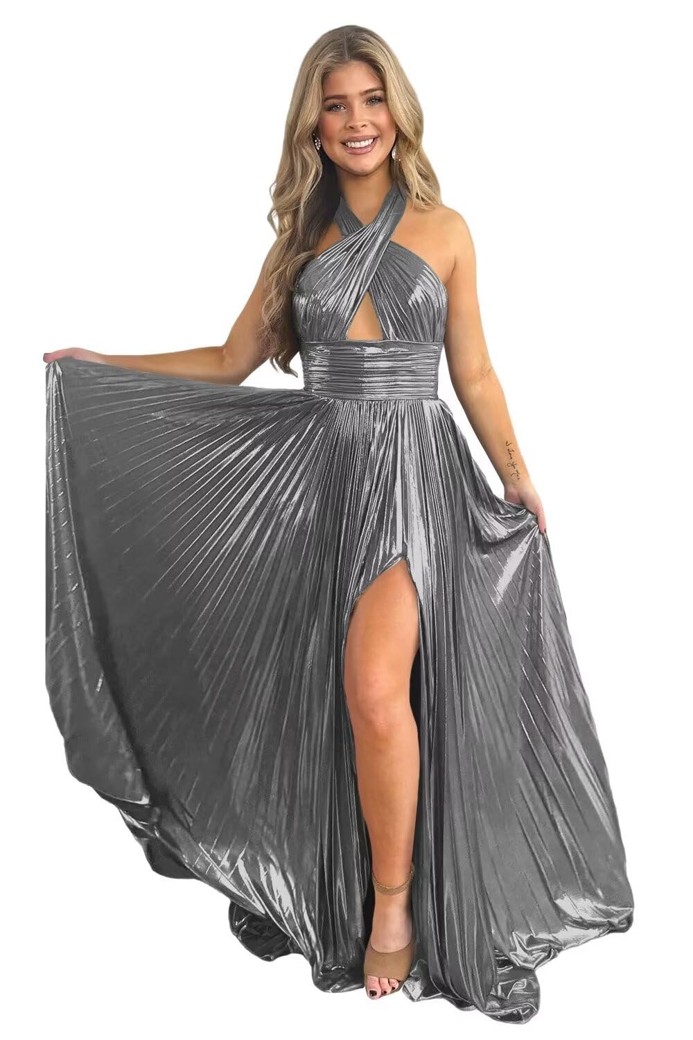A-Line/Princess Halter Sleeveless Floor-length Long Formal Evening Dresses with Split Side - Image 12