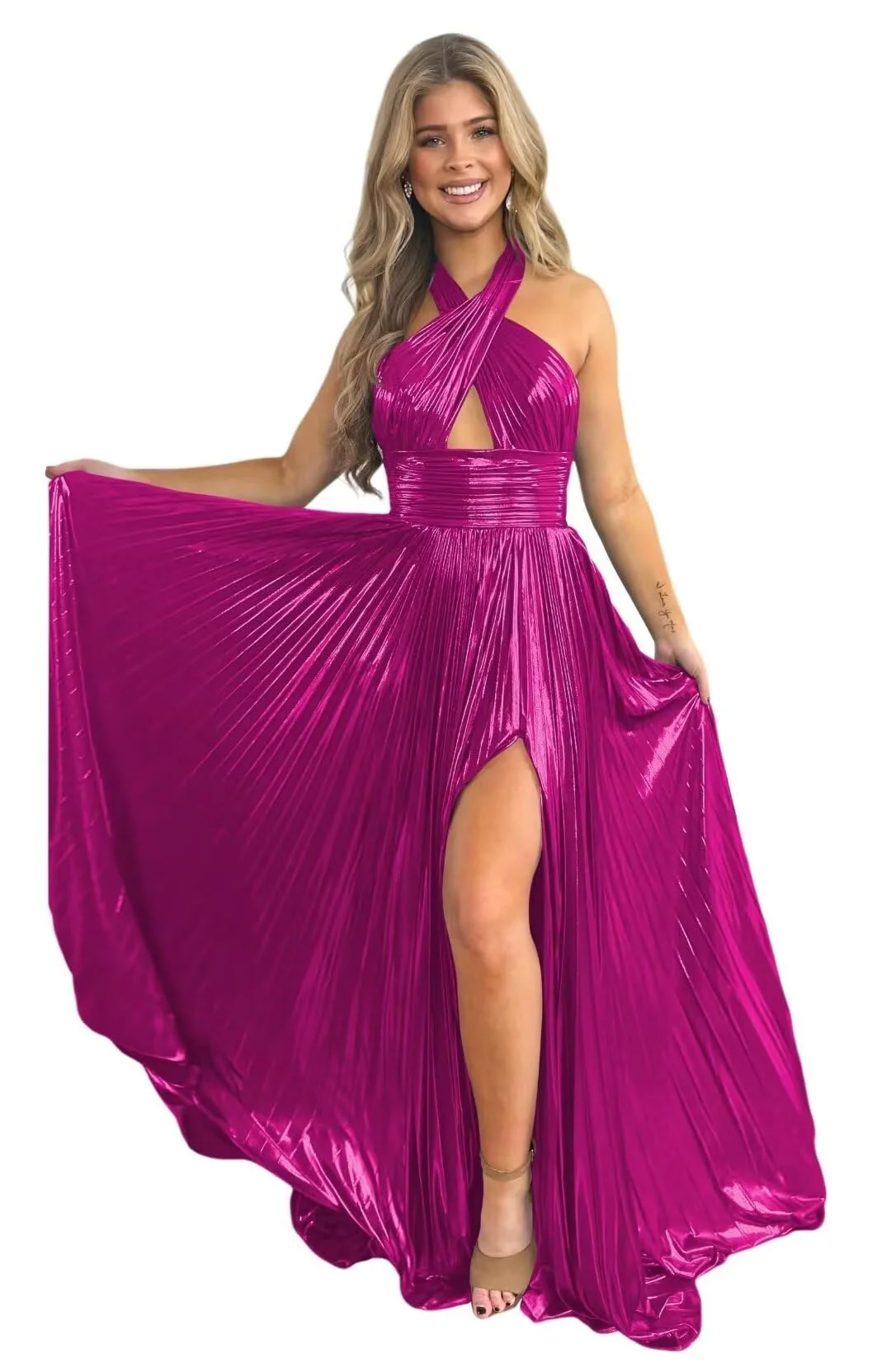 A-Line/Princess Halter Sleeveless Floor-length Long Formal Evening Dresses with Split Side - Image 13