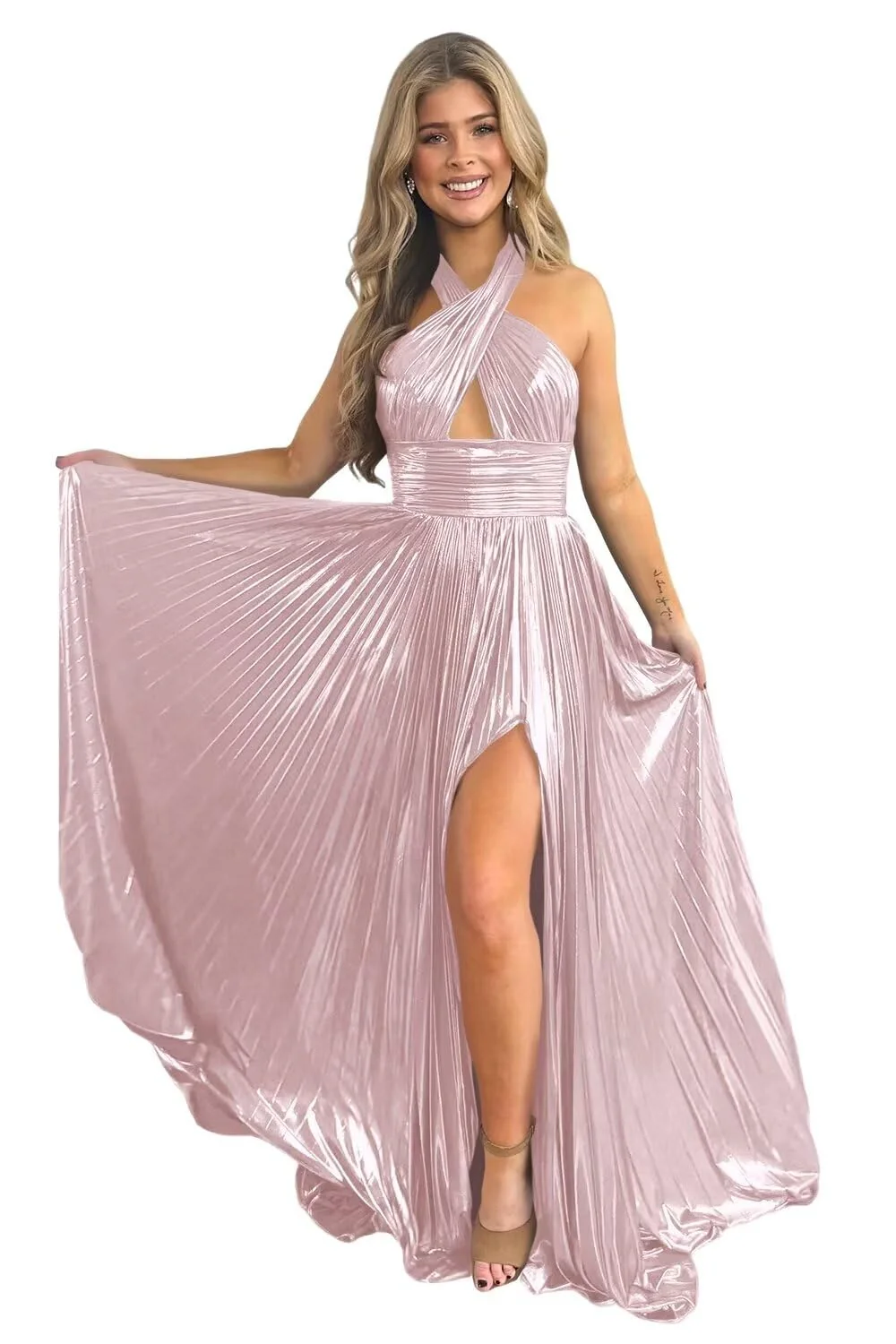 A-Line/Princess Halter Sleeveless Floor-length Long Formal Evening Dresses with Split Side - Image 15