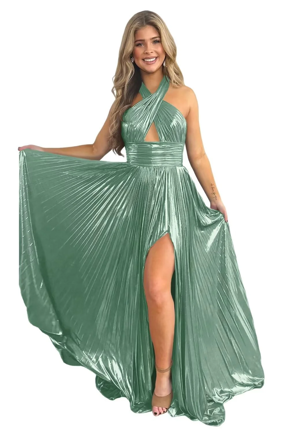 A-Line/Princess Halter Sleeveless Floor-length Long Formal Evening Dresses with Split Side - Image 21