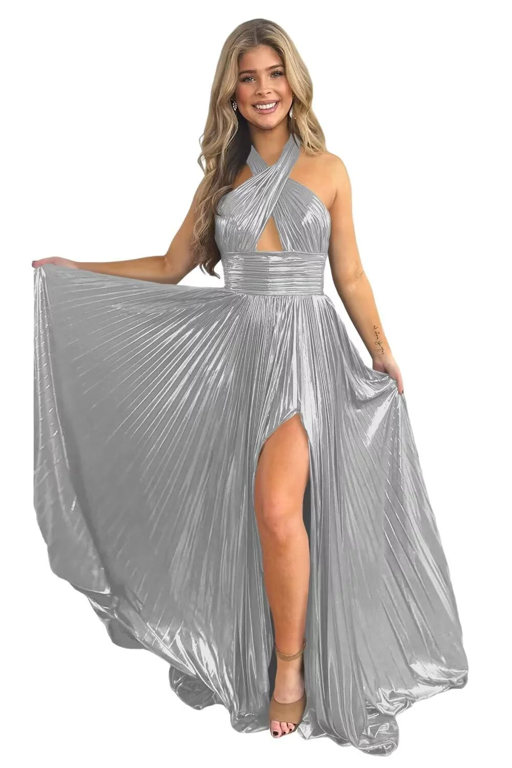 A-Line/Princess Halter Sleeveless Floor-length Long Formal Evening Dresses with Split Side - Image 22