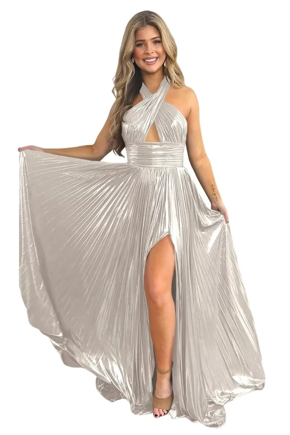 A-Line/Princess Halter Sleeveless Floor-length Long Formal Evening Dresses with Split Side - Image 24