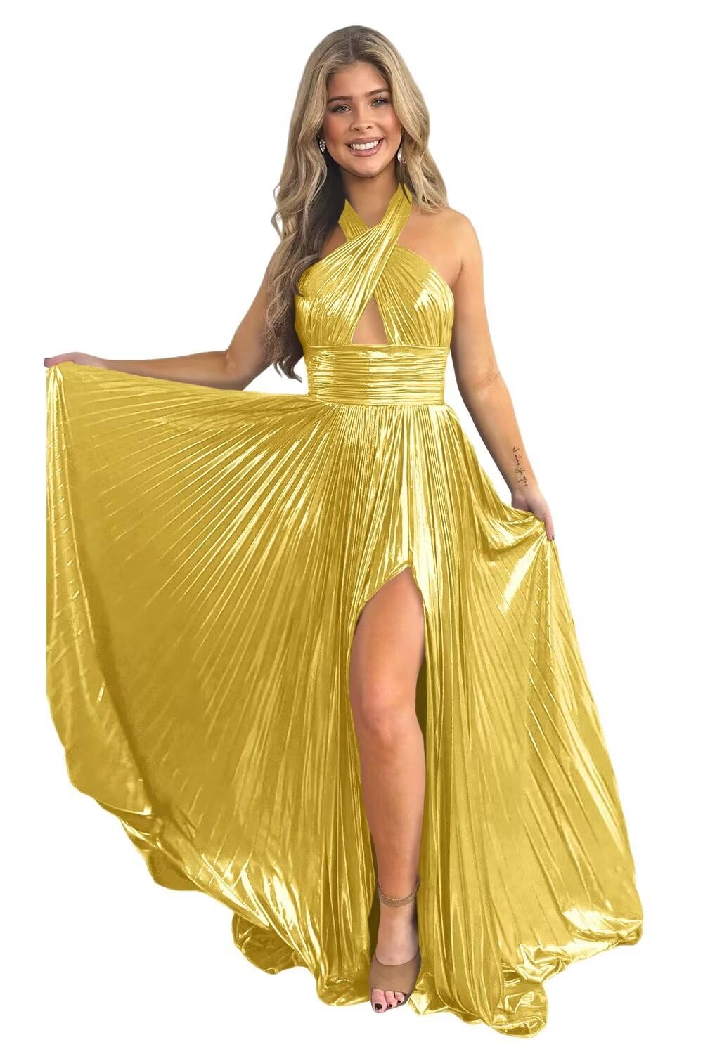 A-Line/Princess Halter Sleeveless Floor-length Long Formal Evening Dresses with Split Side - Image 25
