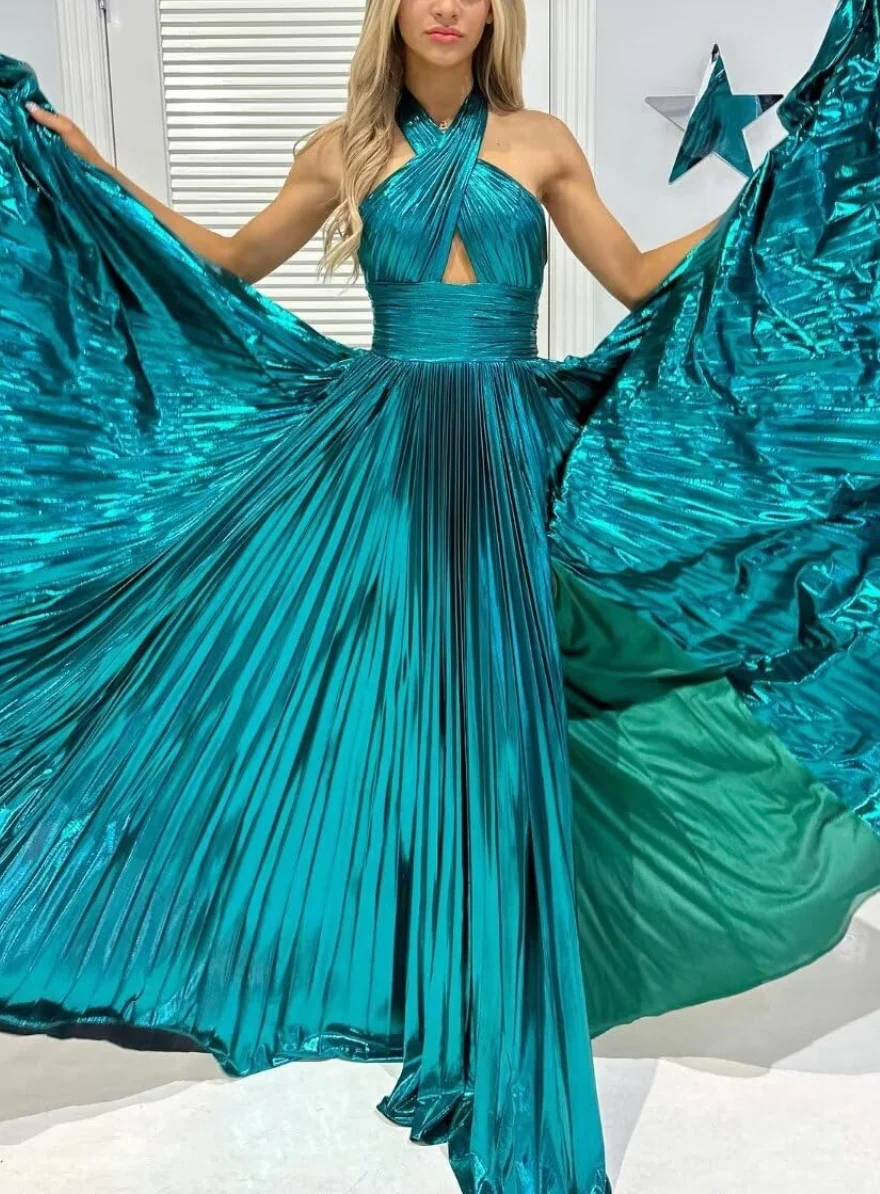 A-Line/Princess Halter Sleeveless Floor-length Long Formal Evening Dresses with Split Side - Image 3