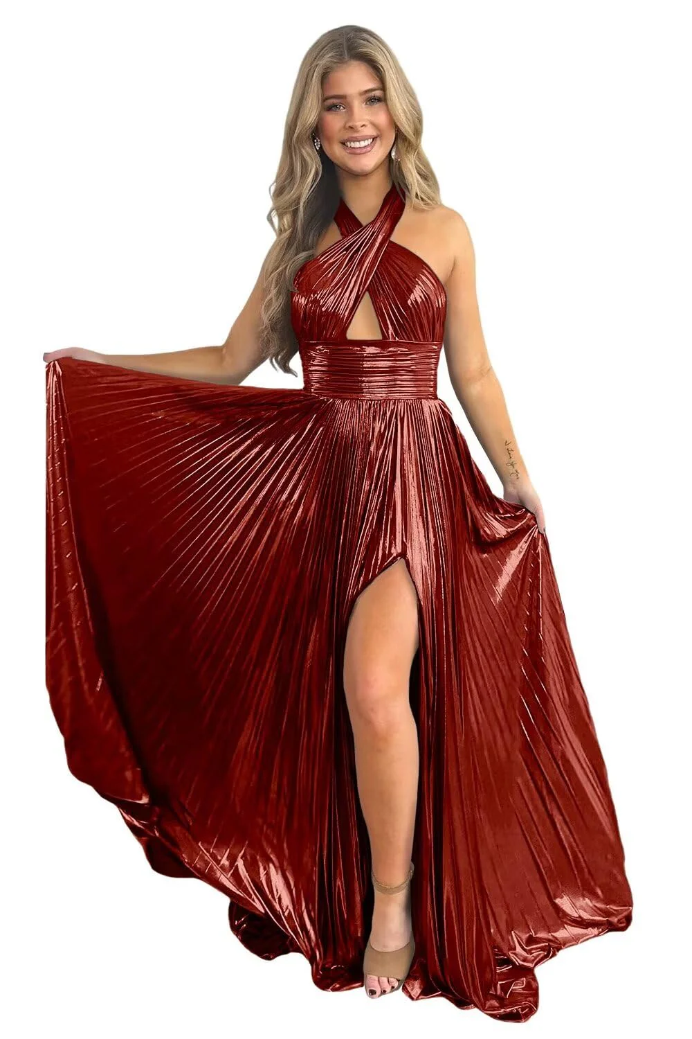 A-Line/Princess Halter Sleeveless Floor-length Long Formal Evening Dresses with Split Side - Image 6