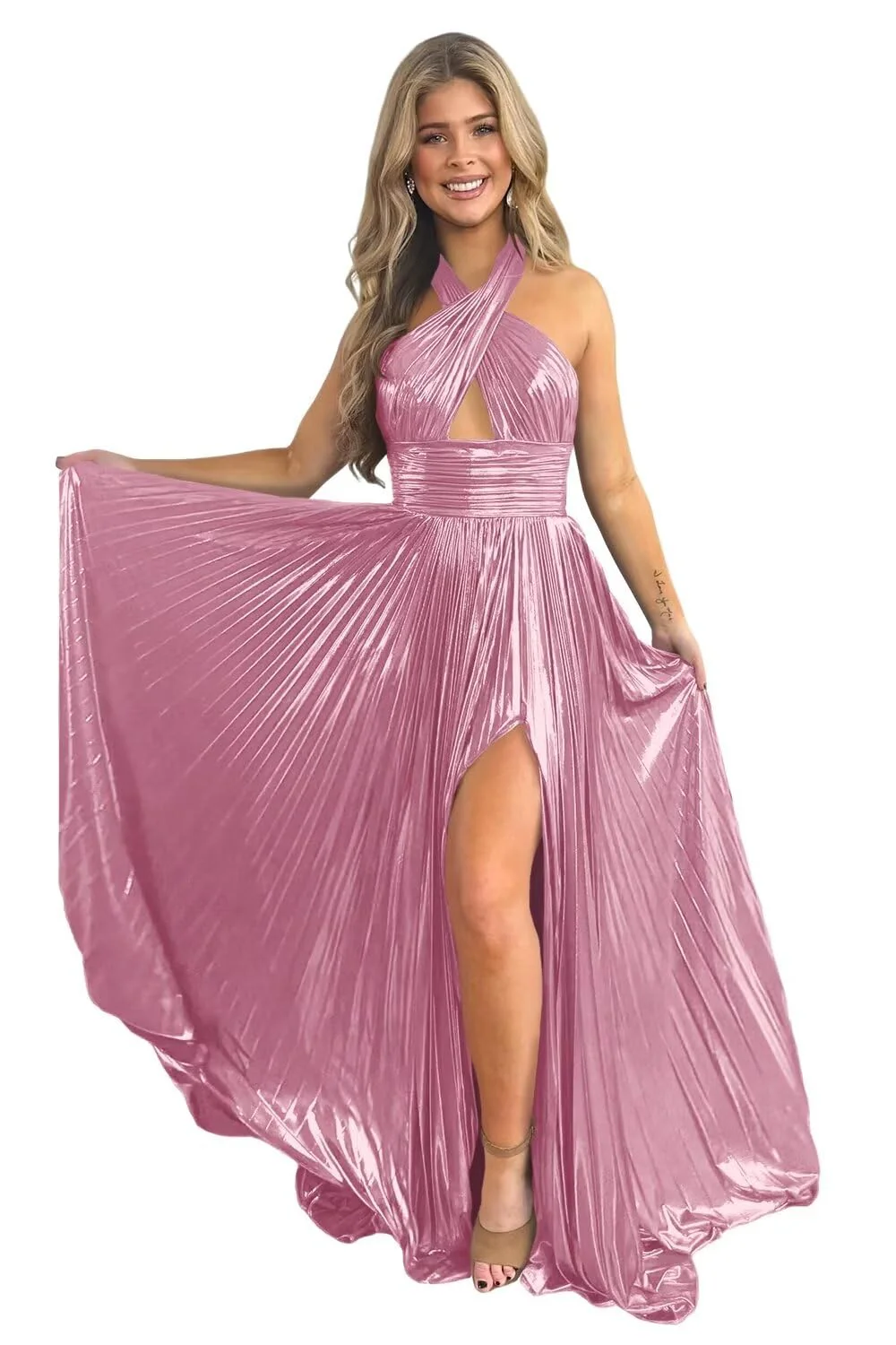 A-Line/Princess Halter Sleeveless Floor-length Long Formal Evening Dresses with Split Side - Image 9