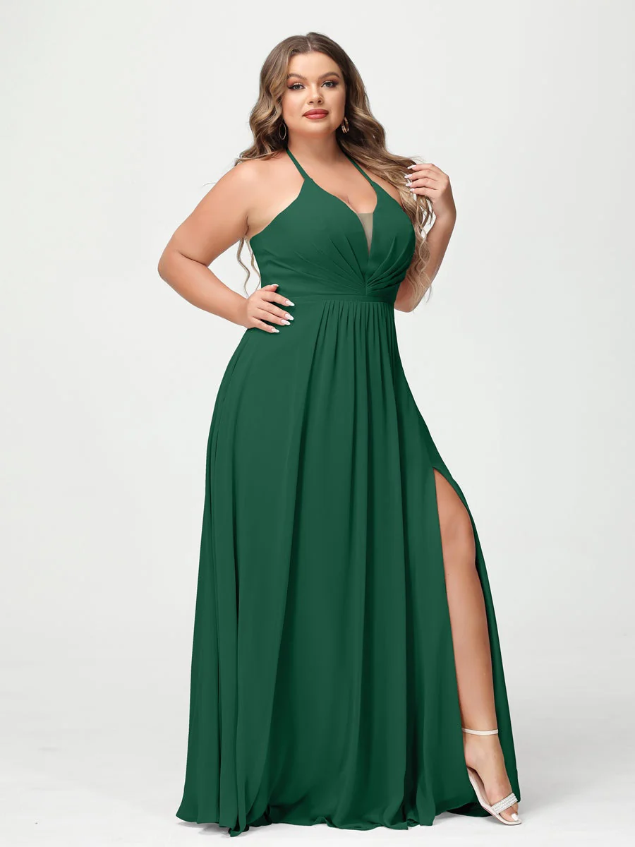 A-Line/Princess Halter Sleeveless Floor-Length Plus Size Bridesmaid Dresses with Pockets & Split Side - Image 11