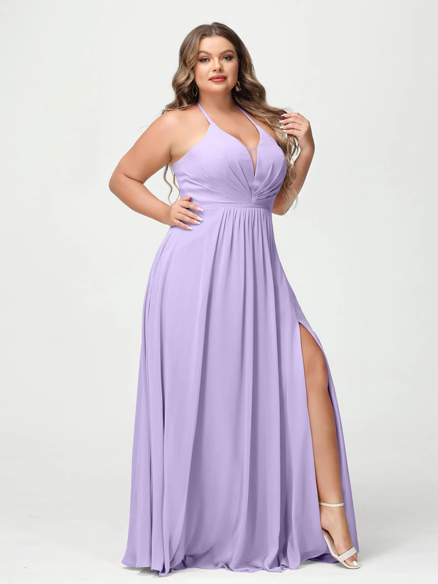 A-Line/Princess Halter Sleeveless Floor-Length Plus Size Bridesmaid Dresses with Pockets & Split Side - Image 14