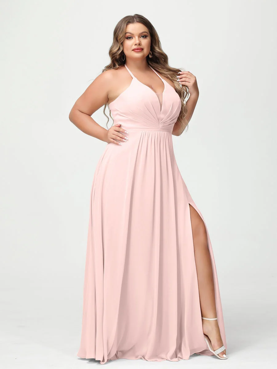 A-Line/Princess Halter Sleeveless Floor-Length Plus Size Bridesmaid Dresses with Pockets & Split Side - Image 27
