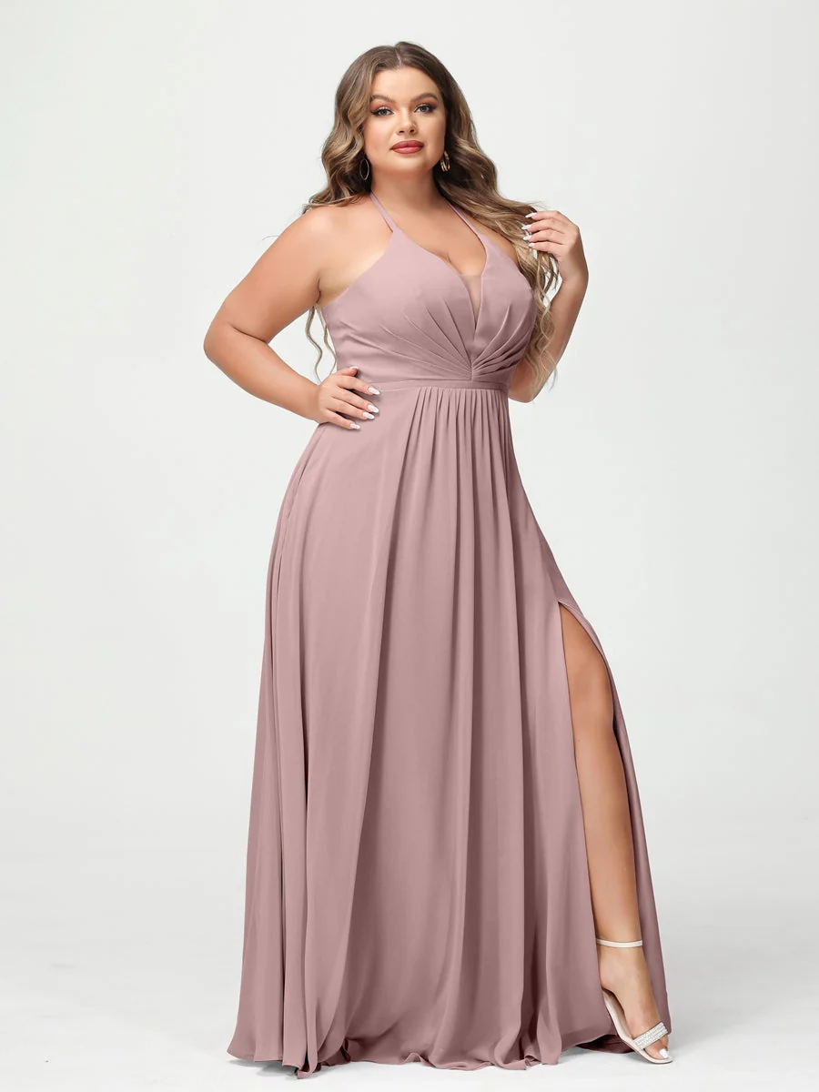 A-Line/Princess Halter Sleeveless Floor-Length Plus Size Bridesmaid Dresses with Pockets & Split Side - Image 30
