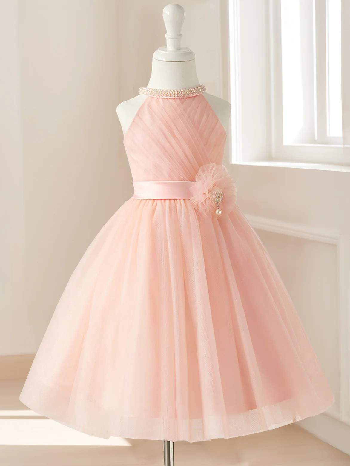 A-Line/Princess Halter Sleeveless Knee-Length Ruched Flower Girl Dresses with Sash & Pearls & Self-tie - Image 3