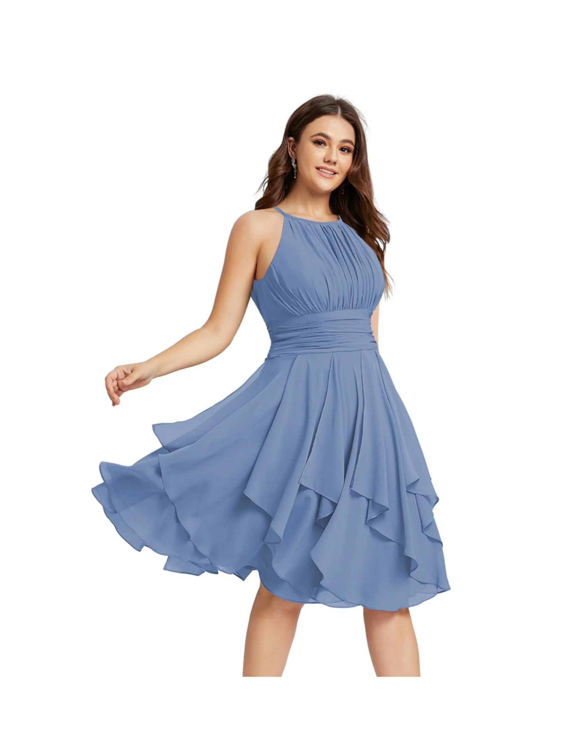 A-Line/Princess Halter Sleeveless Short/Mini Bridesmaid Dresses Chiffon Ruffle Pleated Pockets - Image 18