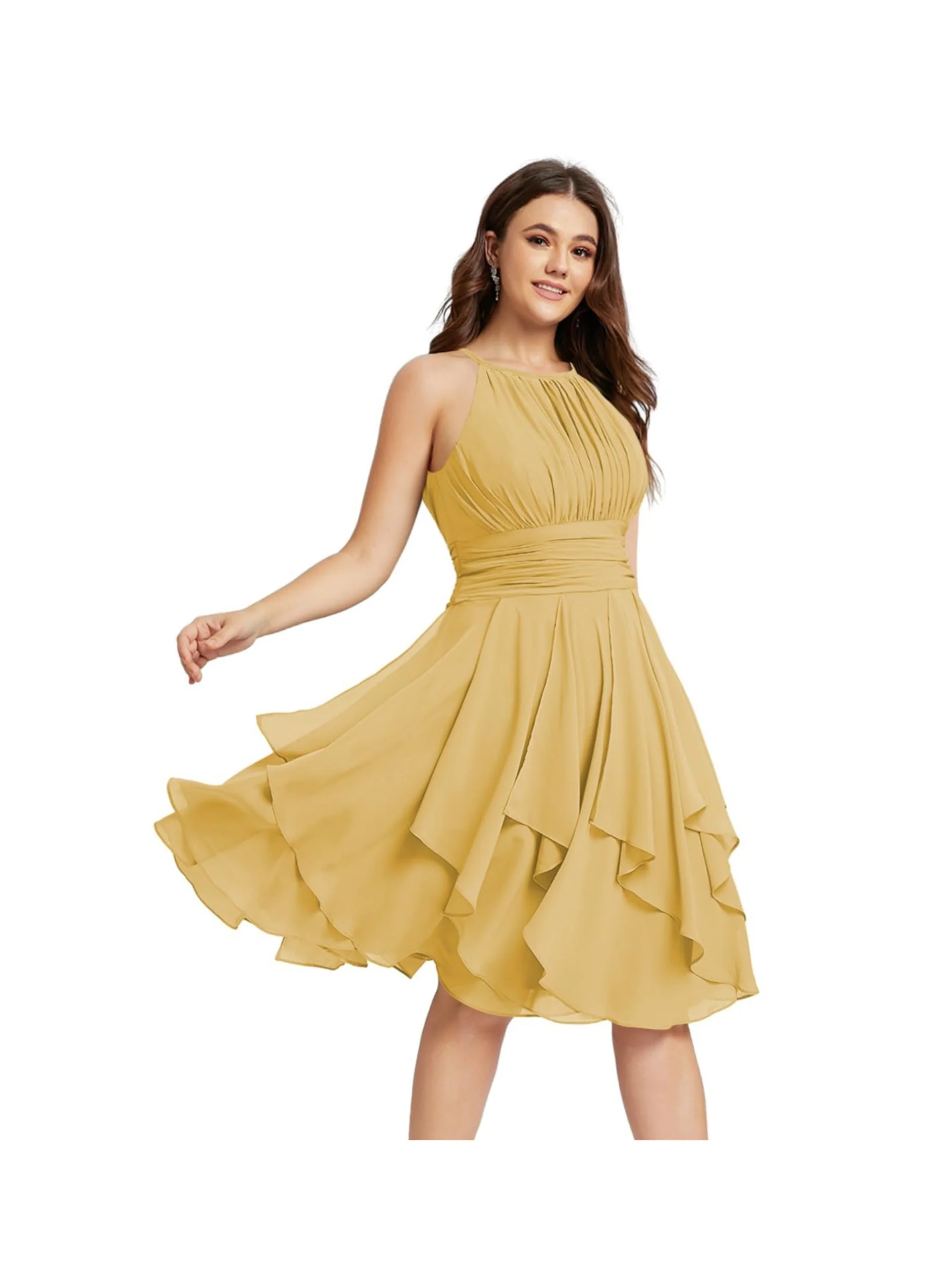 A-Line/Princess Halter Sleeveless Short/Mini Bridesmaid Dresses Chiffon Ruffle Pleated Pockets - Image 30