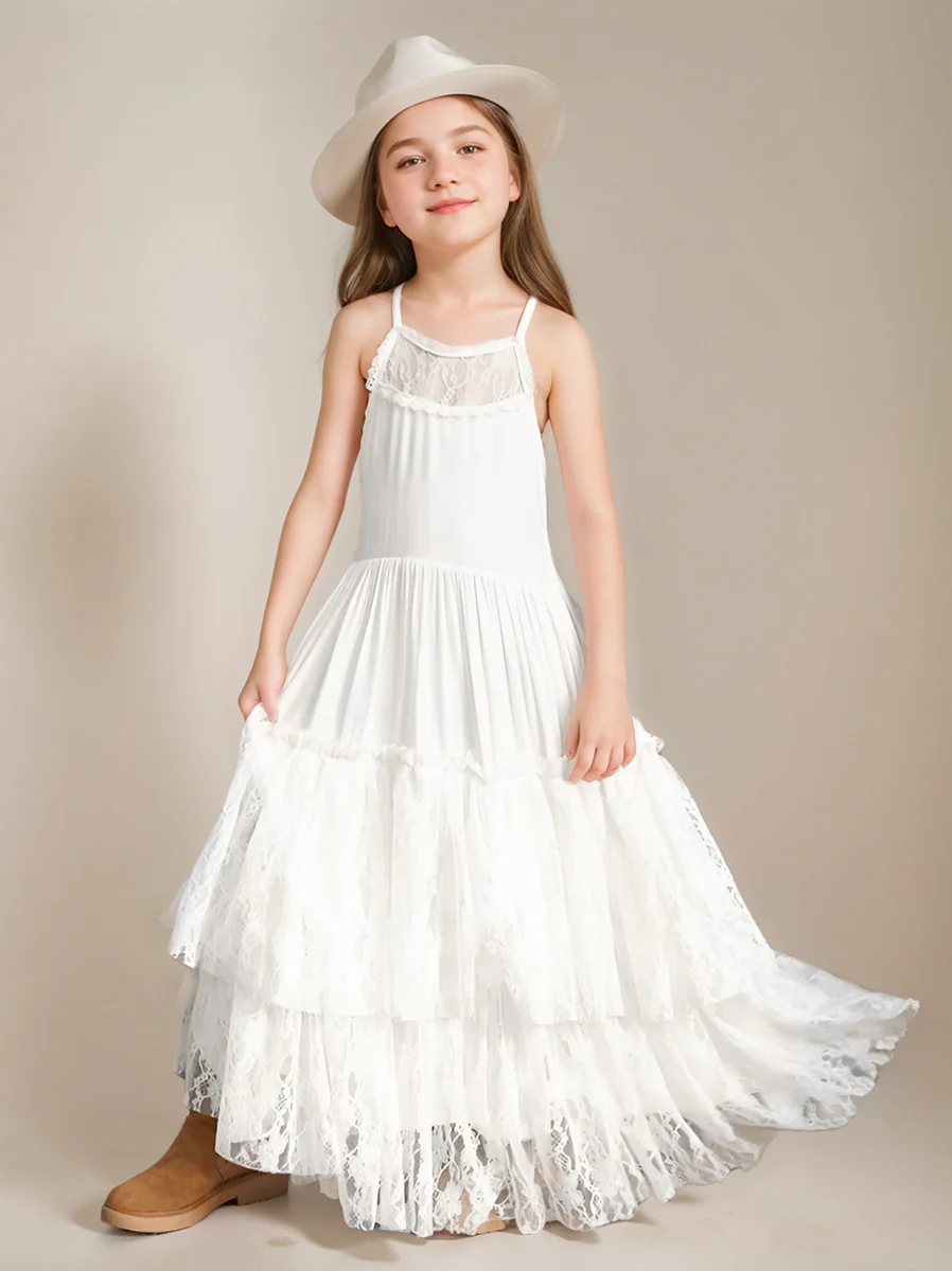 A-Line/Princess Halter Sleeveless Tiered Flower Girl Dress With Lace & Opened Back - Image 2