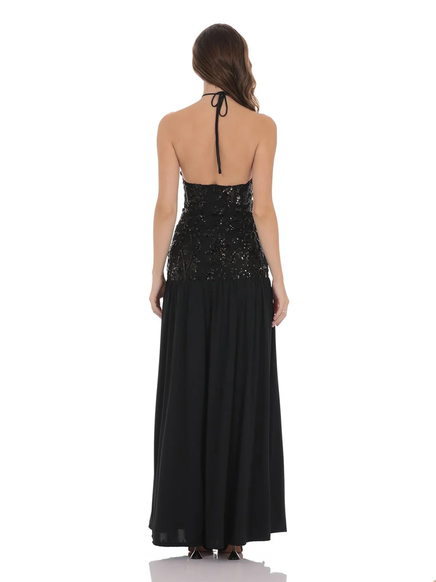 A-Line/Princess Halter Straps Sleeveless Elegant Evening Dresses with Sequins & Split Side - Image 2
