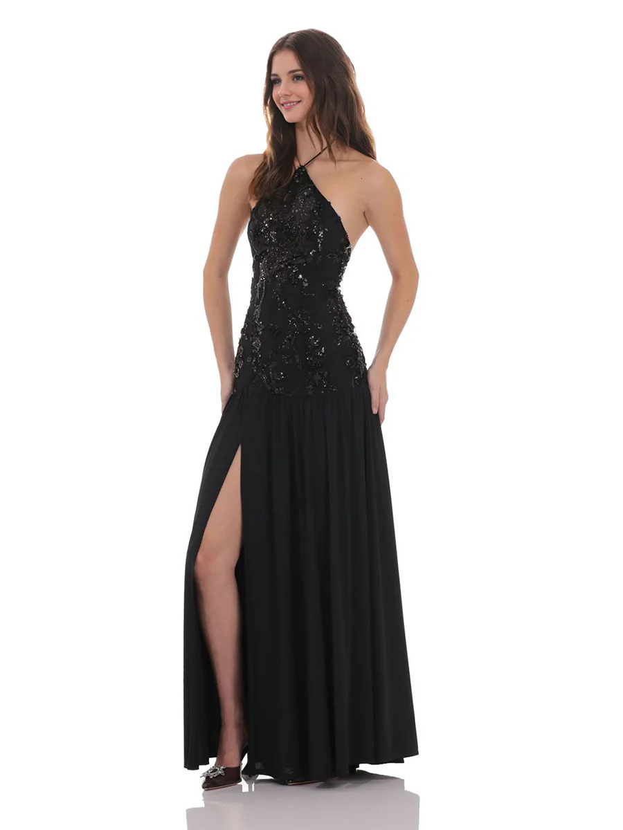 A-Line/Princess Halter Straps Sleeveless Elegant Evening Dresses with Sequins & Split Side - Image 3