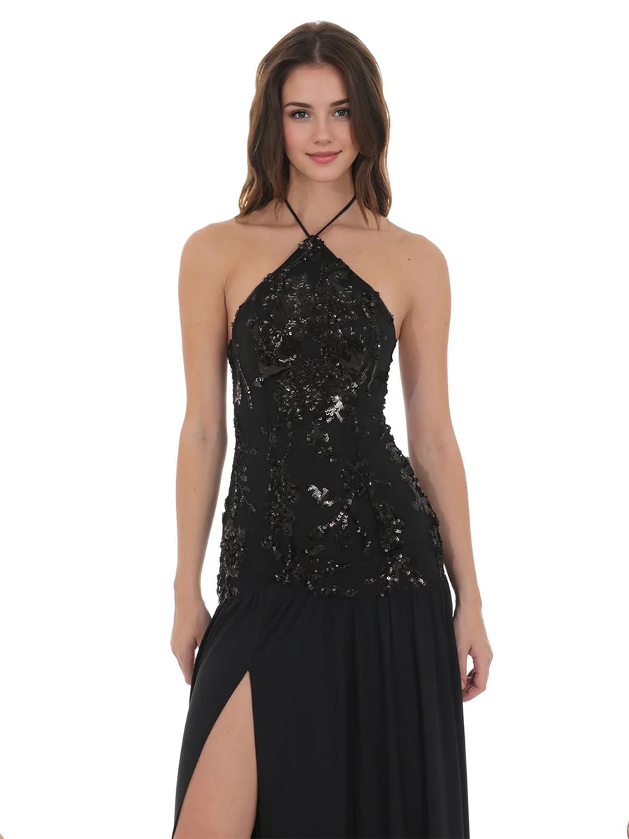 A-Line/Princess Halter Straps Sleeveless Elegant Evening Dresses with Sequins & Split Side - Image 4