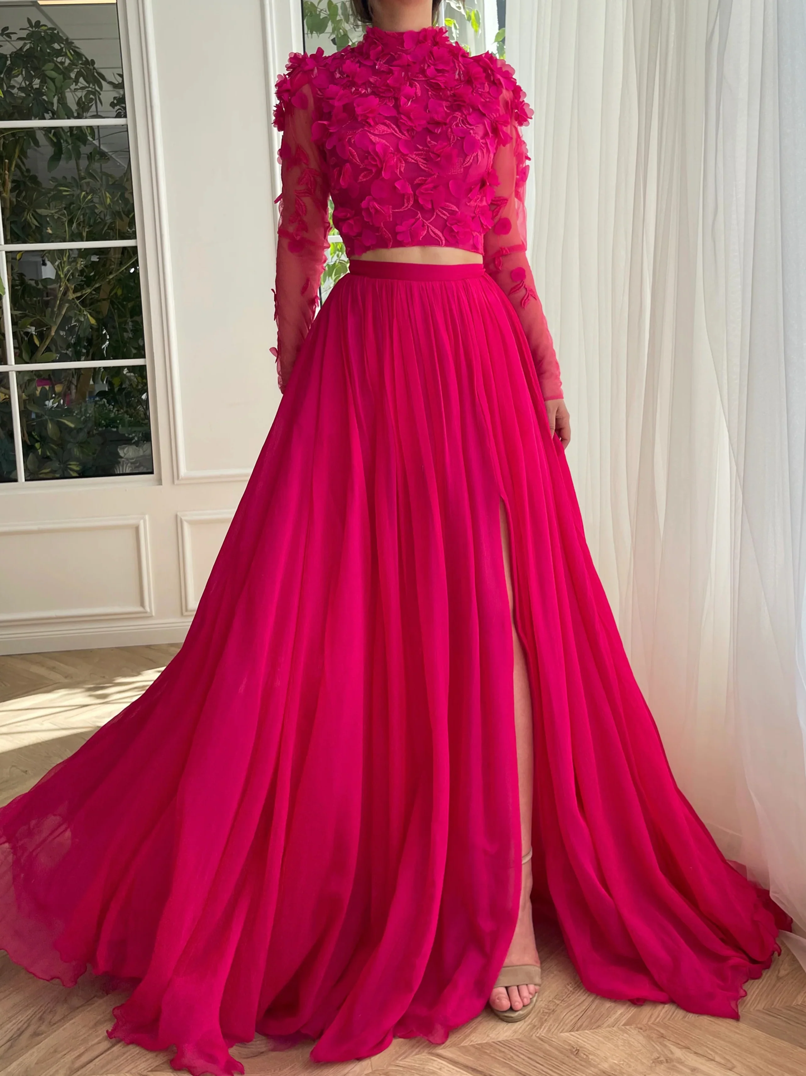 A-Line/Princess High Neck Long Prom Dresses With Split Side - Image 2