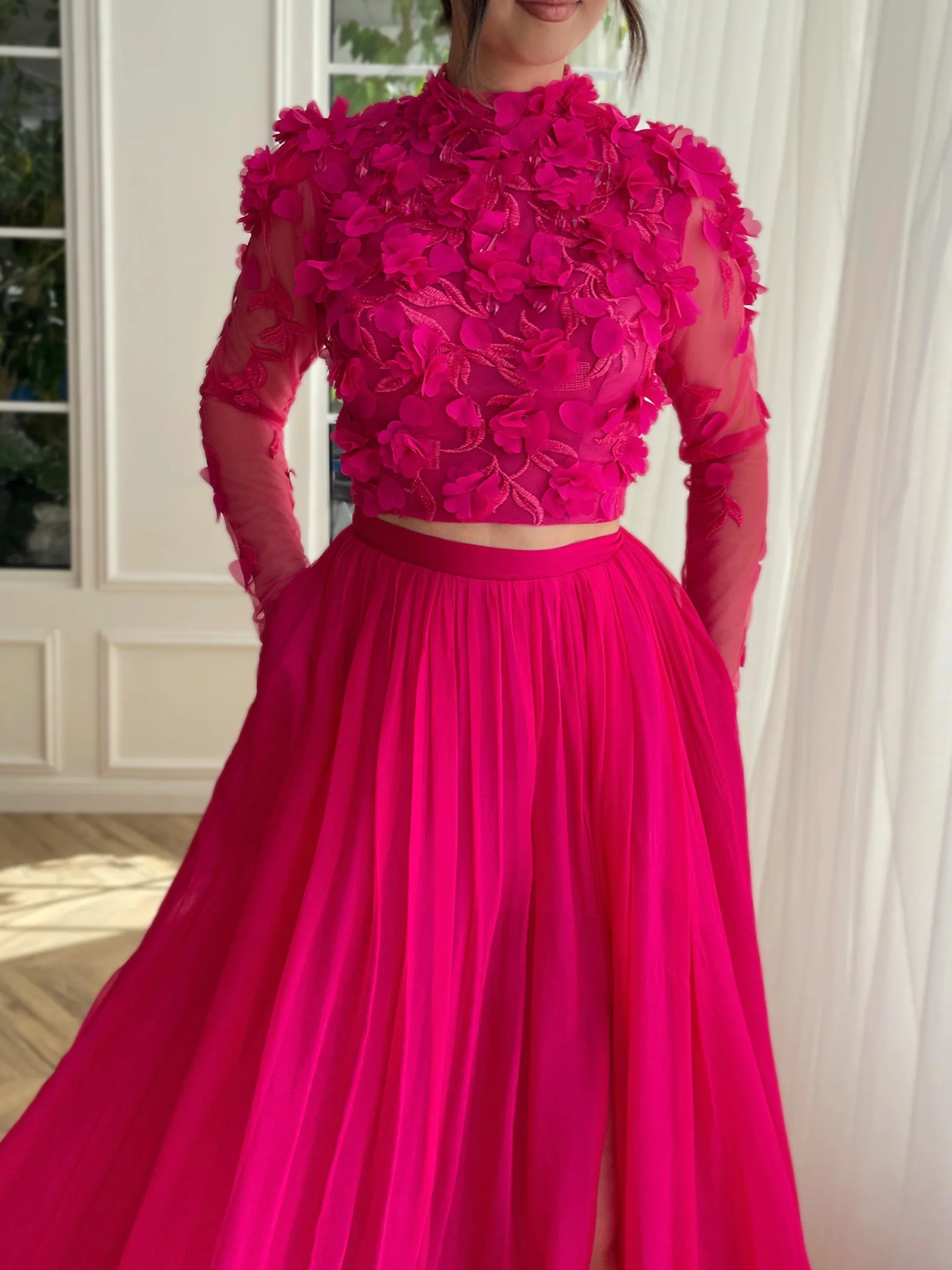 A-Line/Princess High Neck Long Prom Dresses With Split Side - Image 4