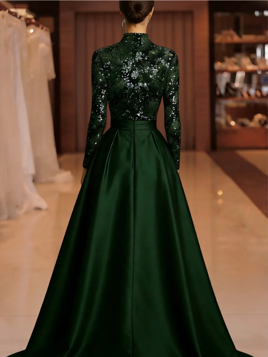 A-Line/Princess High Neck Satin Evening Dresses Long Sleeves Sequins Floor-Length Party Dress - Image 2