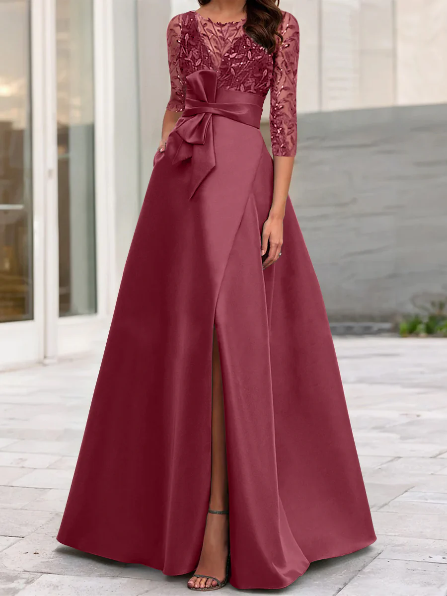A-Line/Princess Illusion Neck 3/4 Sleeve Mother Of The Bride Dresses With Split Side - Image 20