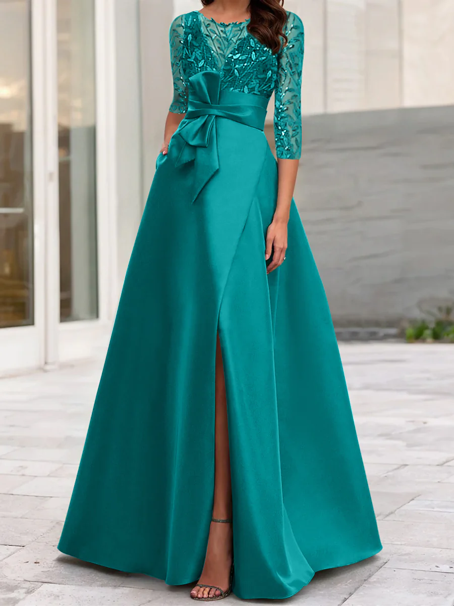 A-Line/Princess Illusion Neck 3/4 Sleeve Mother Of The Bride Dresses With Split Side - Image 27