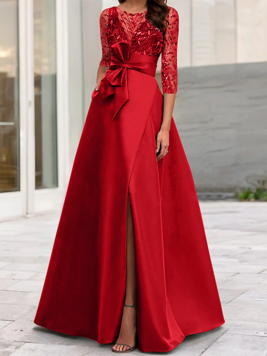 A-Line/Princess Illusion Neck 3/4 Sleeve Mother Of The Bride Dresses With Split Side - Image 7