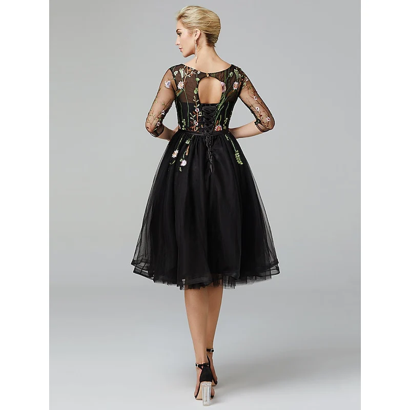 A Line/Princess Illusion Neck Short Sleeves Knee Length Wedding Guest Dress with Embroidery Appliques - Image 3