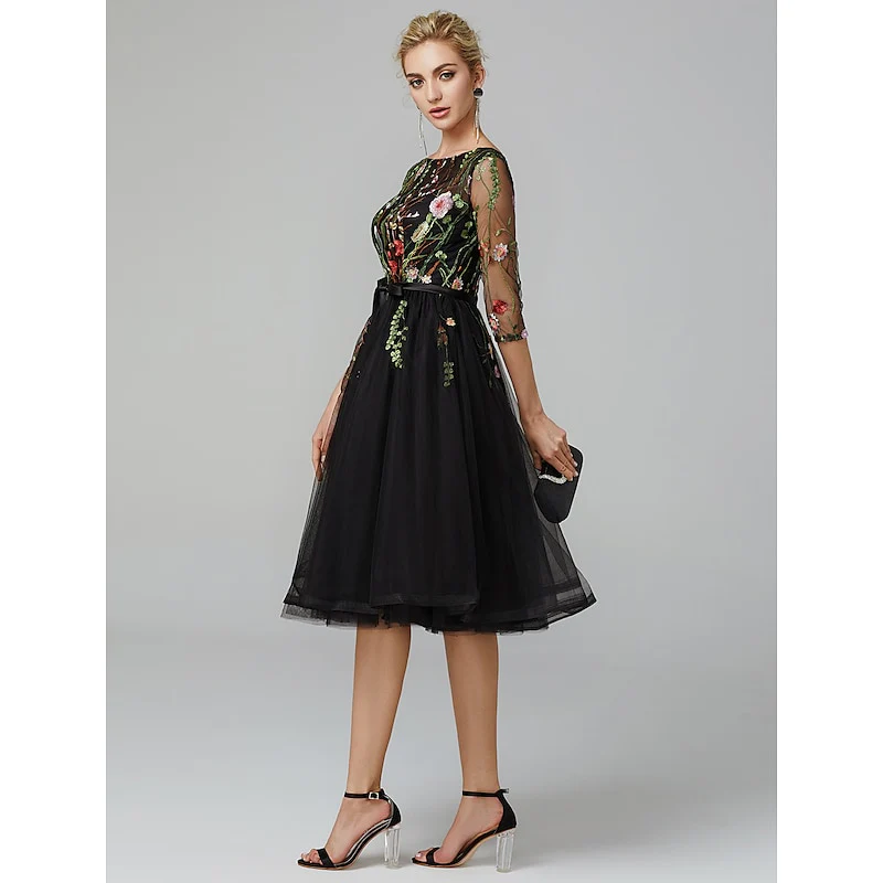A Line/Princess Illusion Neck Short Sleeves Knee Length Wedding Guest Dress with Embroidery Appliques - Image 4