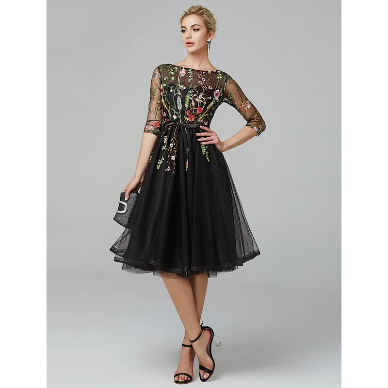 A Line/Princess Illusion Neck Short Sleeves Knee Length Wedding Guest Dress with Embroidery Appliques - Image 5