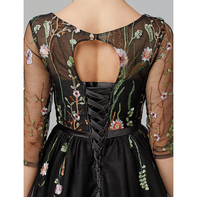 A Line/Princess Illusion Neck Short Sleeves Knee Length Wedding Guest Dress with Embroidery Appliques - Image 6