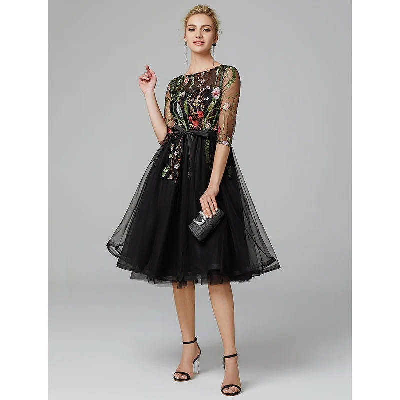 A Line/Princess Illusion Neck Short Sleeves Knee Length Wedding Guest Dress with Embroidery Appliques - Image 7