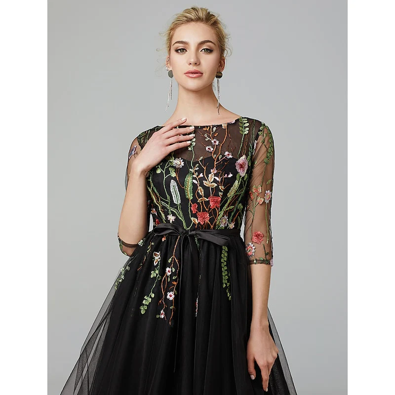 A Line/Princess Illusion Neck Short Sleeves Knee Length Wedding Guest Dress with Embroidery Appliques - Image 8
