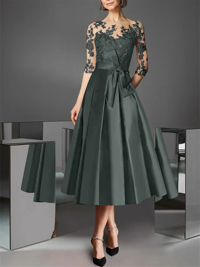 A-Line/Princess Illusion Neck Tea-Length Cocktail Dresses Satin Lace Half Sleeves Wedding Guest with Bowknot - Image 12