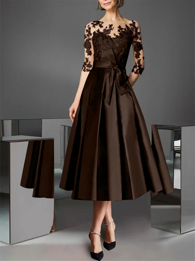 A-Line/Princess Illusion Neck Tea-Length Cocktail Dresses Satin Lace Half Sleeves Wedding Guest with Bowknot - Image 13