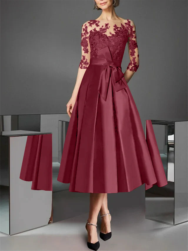 A-Line/Princess Illusion Neck Tea-Length Cocktail Dresses Satin Lace Half Sleeves Wedding Guest with Bowknot - Image 14