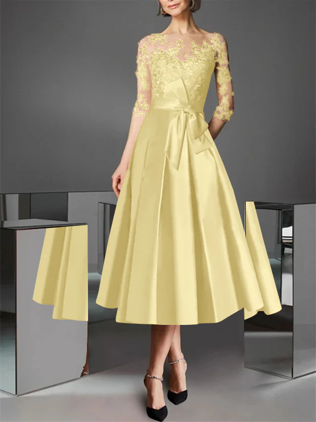 A-Line/Princess Illusion Neck Tea-Length Cocktail Dresses Satin Lace Half Sleeves Wedding Guest with Bowknot - Image 16