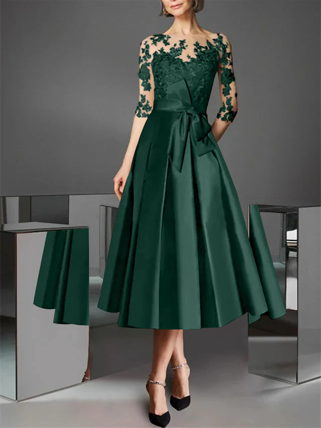 A-Line/Princess Illusion Neck Tea-Length Cocktail Dresses Satin Lace Half Sleeves Wedding Guest with Bowknot - Image 17