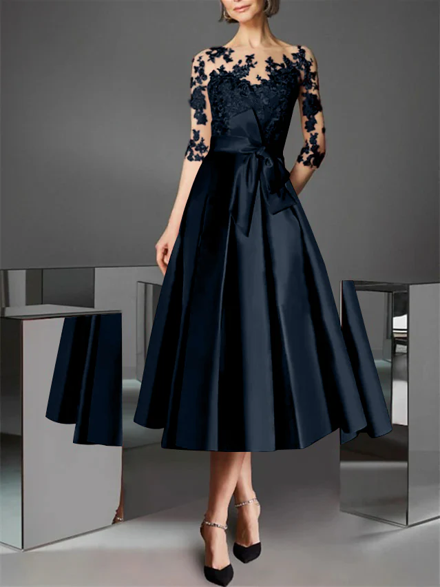 A-Line/Princess Illusion Neck Tea-Length Cocktail Dresses Satin Lace Half Sleeves Wedding Guest with Bowknot - Image 18