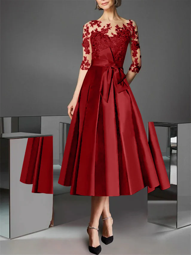 A-Line/Princess Illusion Neck Tea-Length Cocktail Dresses Satin Lace Half Sleeves Wedding Guest with Bowknot - Image 19
