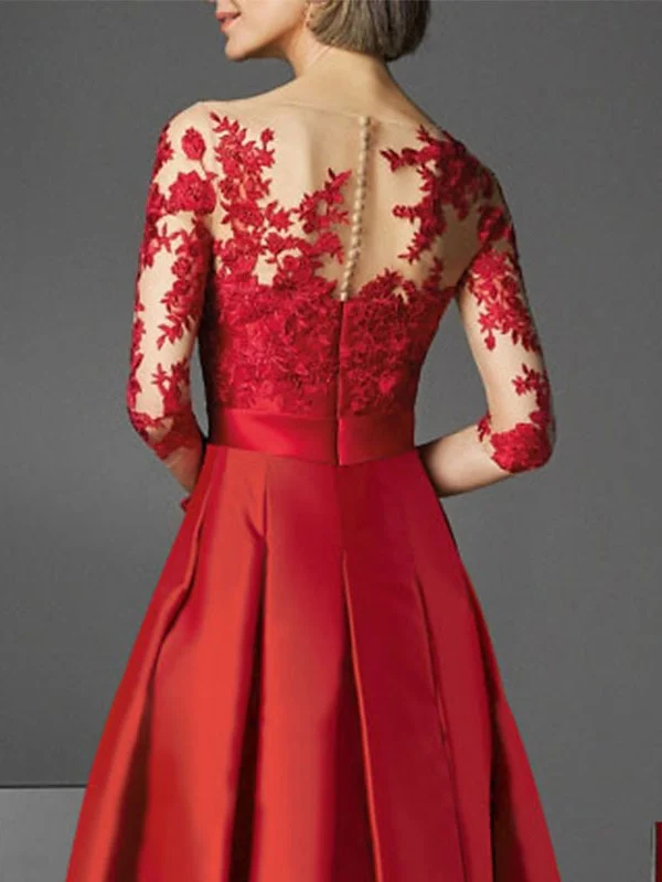 A-Line/Princess Illusion Neck Tea-Length Cocktail Dresses Satin Lace Half Sleeves Wedding Guest with Bowknot - Image 2