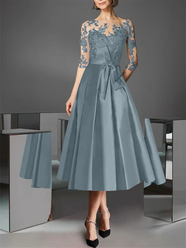 A-Line/Princess Illusion Neck Tea-Length Cocktail Dresses Satin Lace Half Sleeves Wedding Guest with Bowknot - Image 22