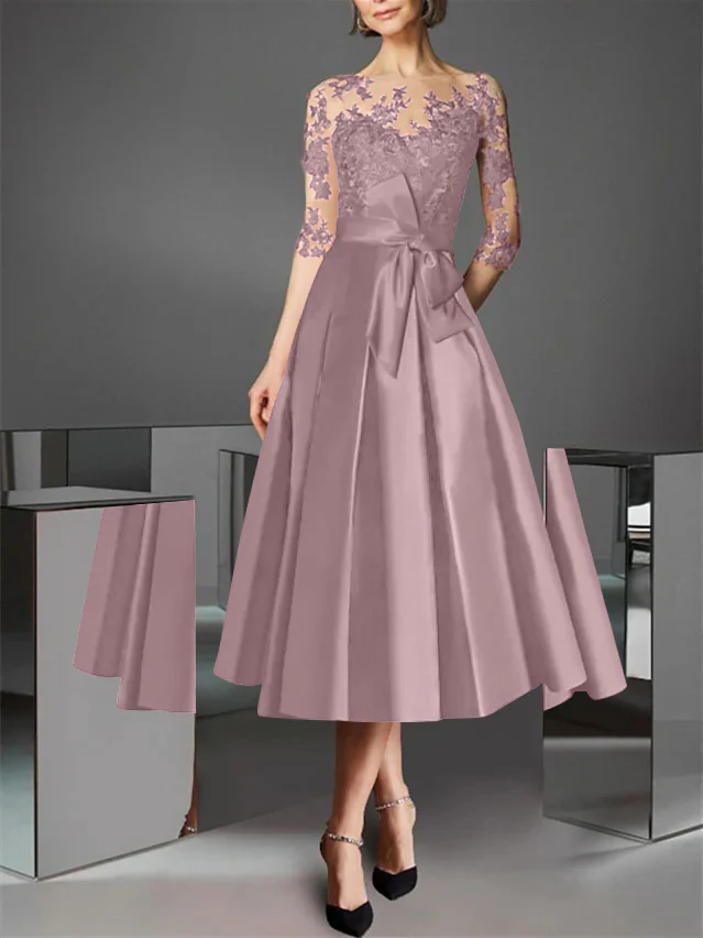 A-Line/Princess Illusion Neck Tea-Length Cocktail Dresses Satin Lace Half Sleeves Wedding Guest with Bowknot - Image 23